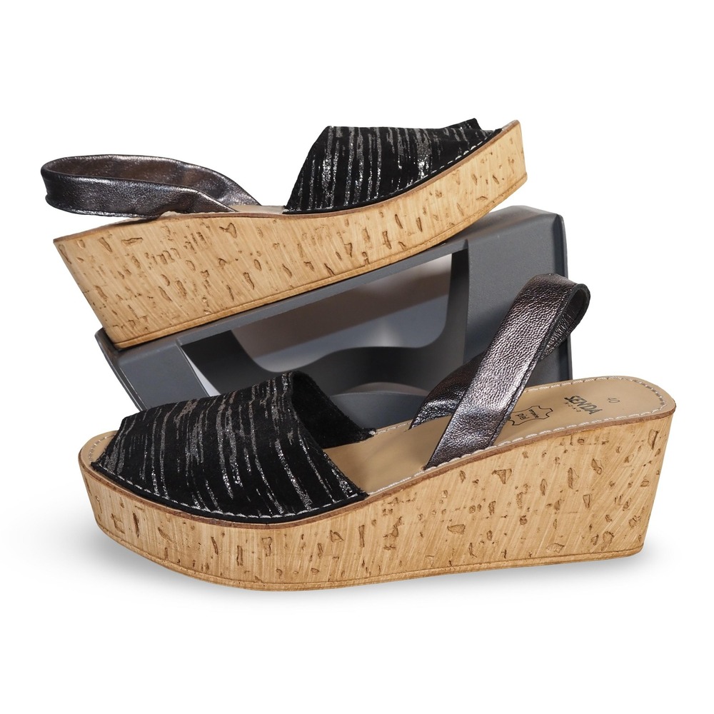 Senda Road Platform Cork Wedge Sandals Women's 9/40 Black‎ Silver Slingback